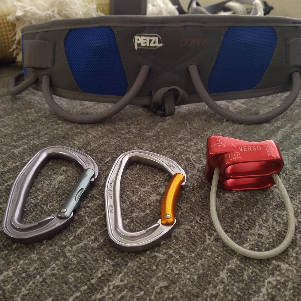Petzal Corax  Size 1 Climbing Harness, Verso Belay/Rappel Device, 2 Carabiners